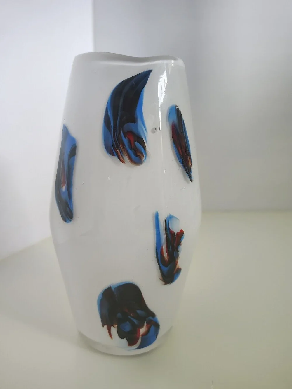 Vintage 1970s Italian Opaline Glass Vase Hand Blown White Blue Macchie Splashes
